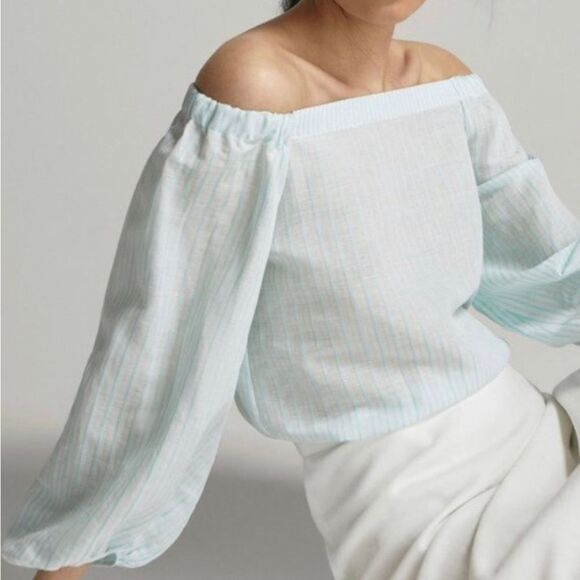 Massimo Dutti Mint & White Striped Viscose Linen Cotton Top, Size 8 - Picture 1 of 9